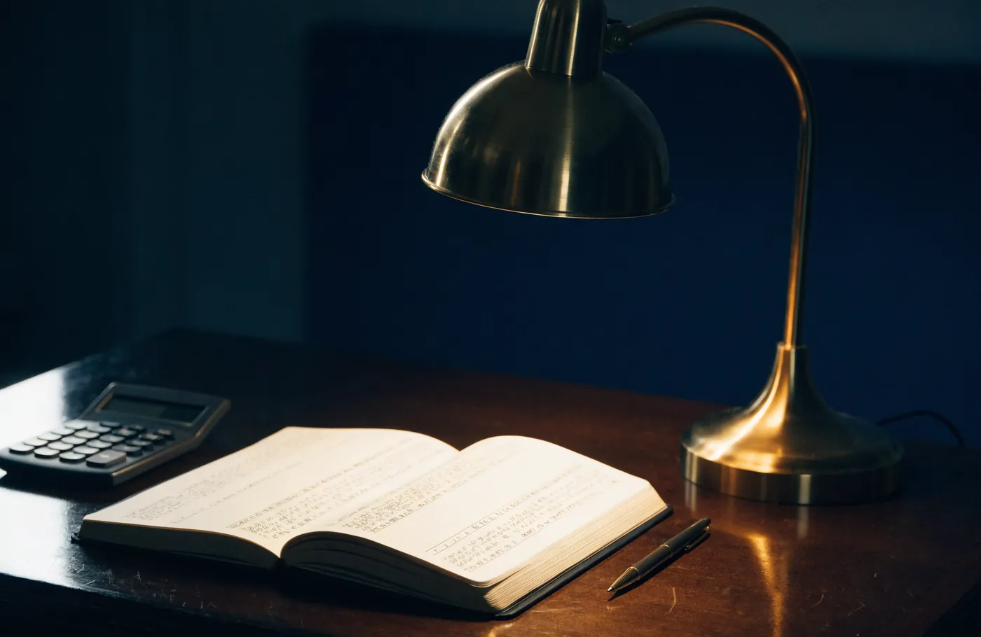 An open budget notebook with a pen and calculator under a desk lamp